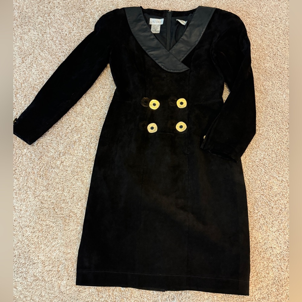 Vintage Pia Rucci Black Suede Body Leather Collar Lined Dress Gold Buttons Sz 8